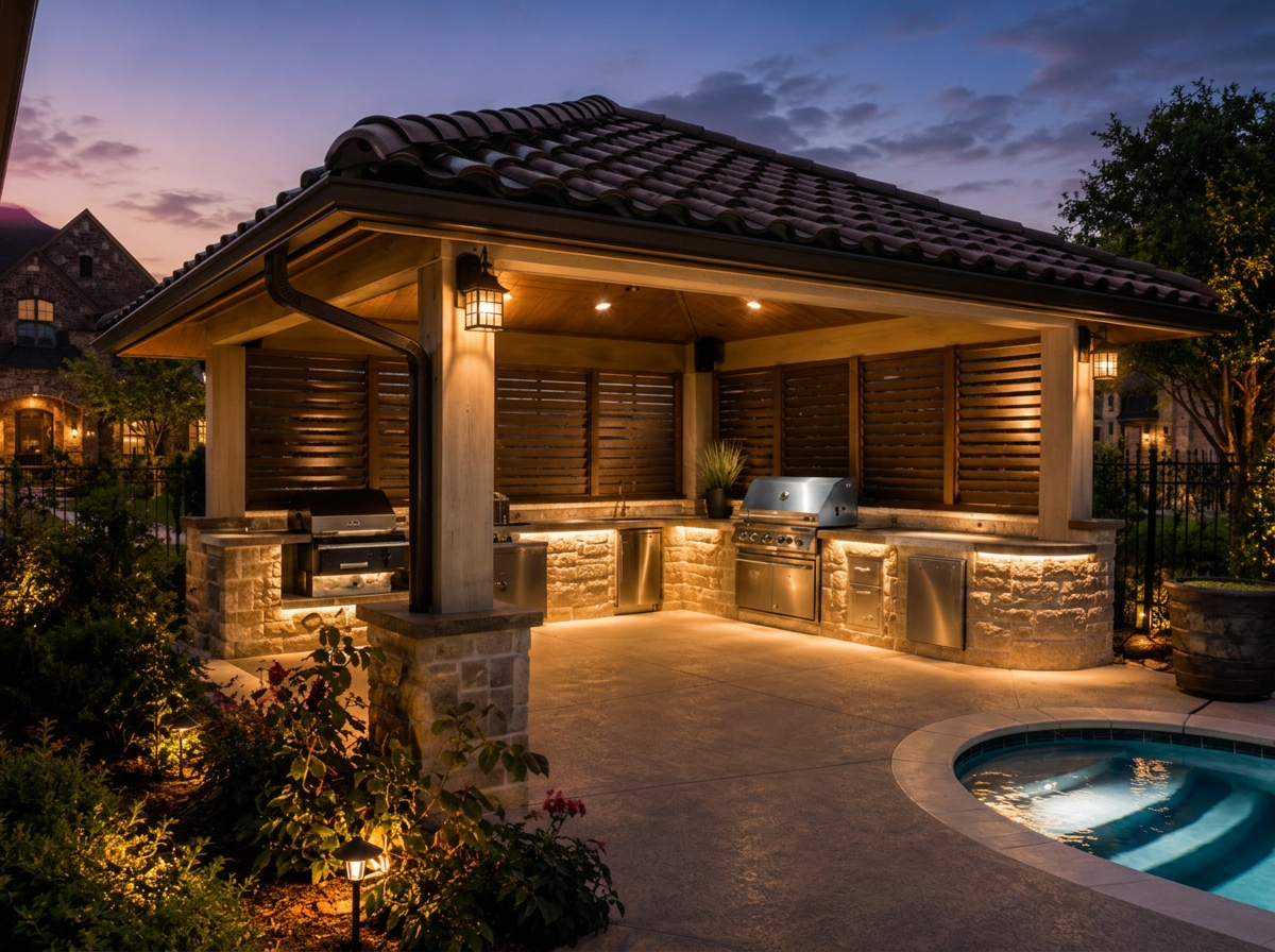 Custom outdoor kitchen and concrete firepit under a pergola at dusk
